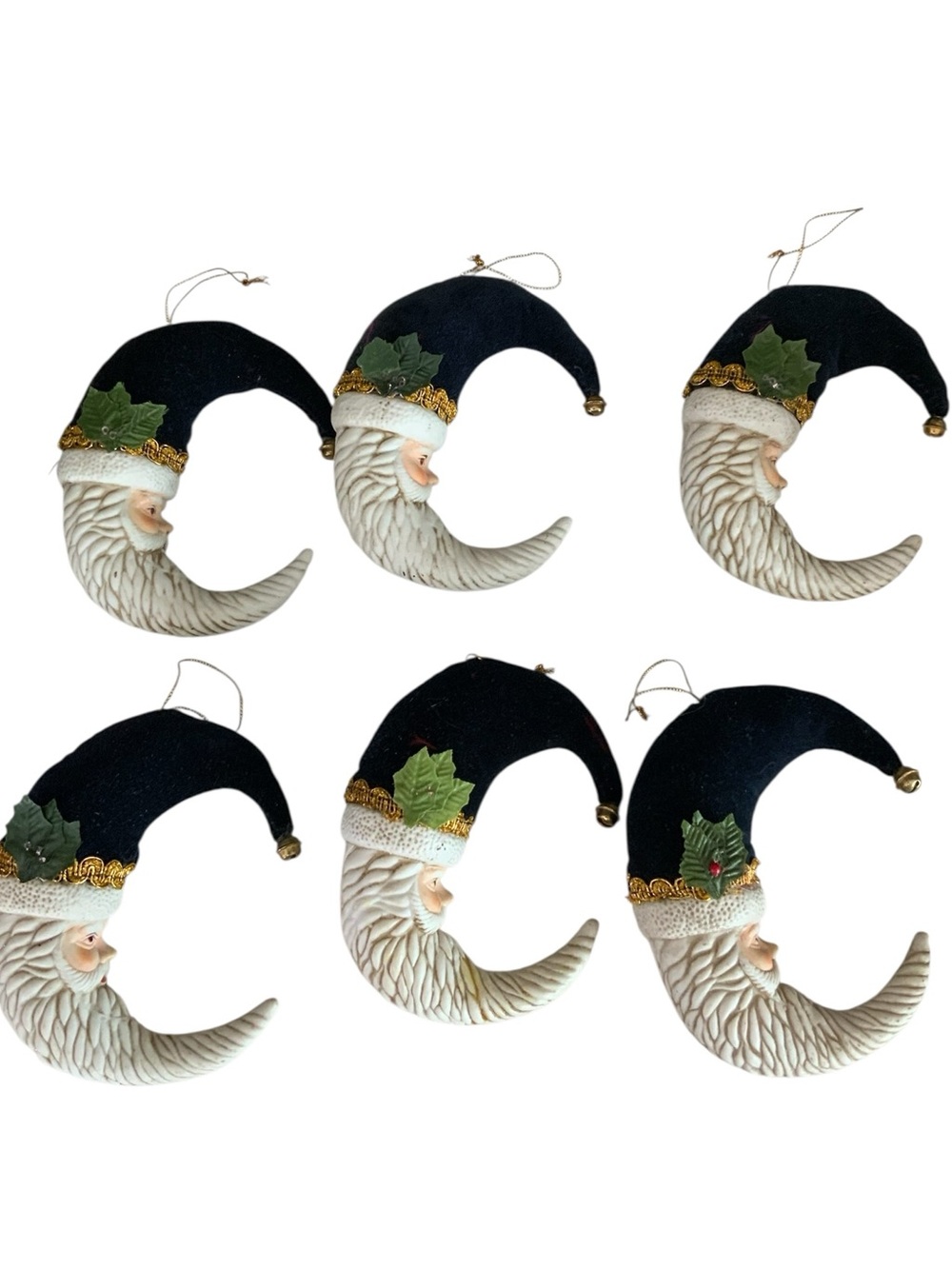 Vintage MCM Crescent Moon Ceramic Santa Christmas Ornaments Set of 6